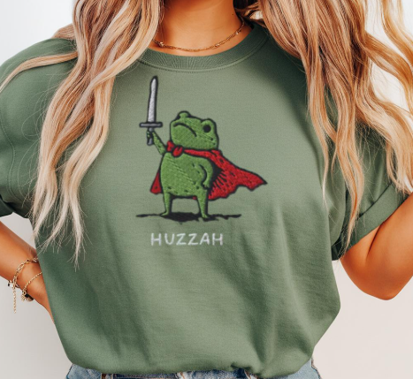 Huzzah Frog with Sword Shirt, Embroidered Medieval Frog T-Shirt, Comfort Colors 1717, Funny DnD Tee, Renaissance Faire Frog Gift